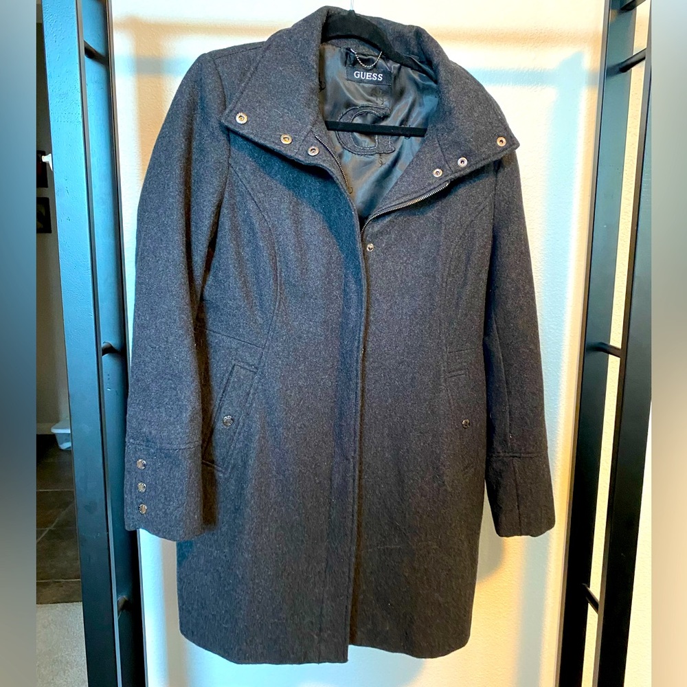 Guess Wool Blend Women’s Coat Gray‎ X-Large Zip Closure Lined Heavyweight Jacket